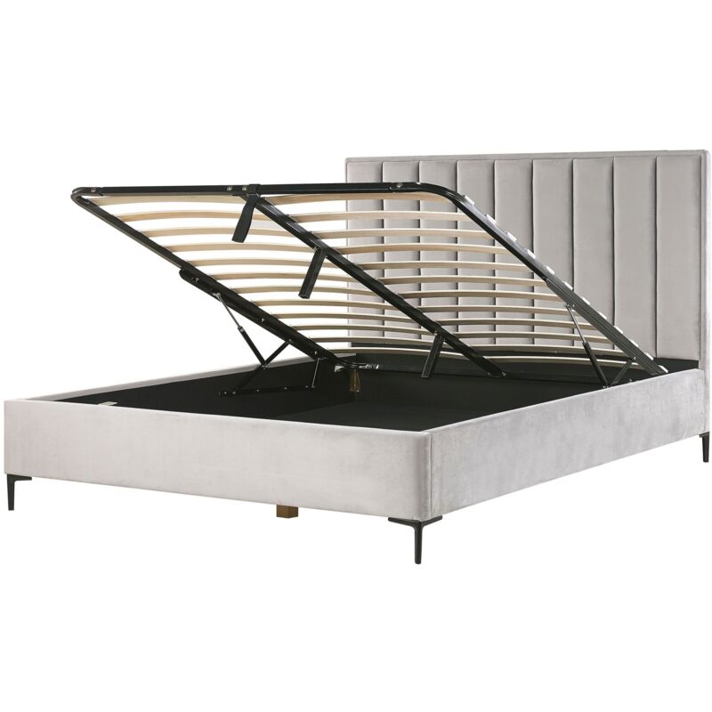 Beliani - Velvet Eu Super King Size Bed Frame 6ft Light Grey Ottoman Storage Sezanne
