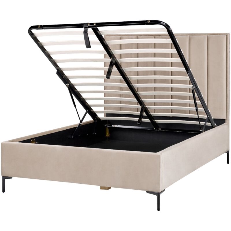Beliani - Velvet Eu Double Size Bed Frame 4ft6 Taupe Ottoman Storage Sezanne