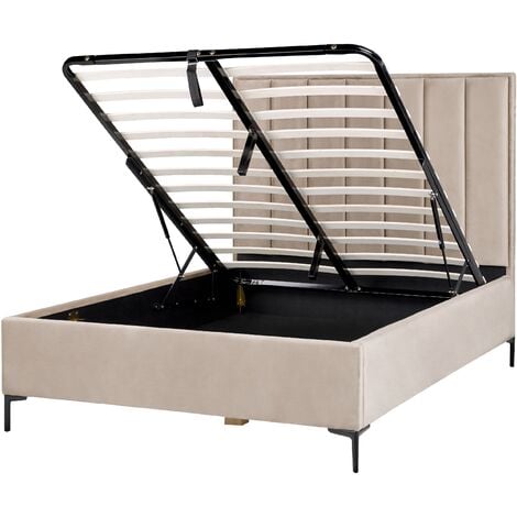 Velvet EU Double Size Bed Frame 4ft6 Taupe Ottoman Storage Sezanne