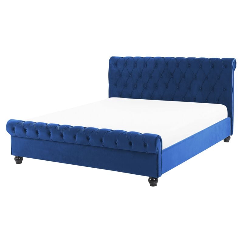 Velvet Fabric eu King Size Bed Frame 5ft3 Tufted Headboard Blue Avallon