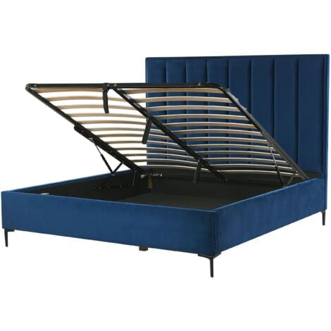 Velvet EU King Size Bed Frame 5ft3 Navy Blue Ottoman Storage Sezanne