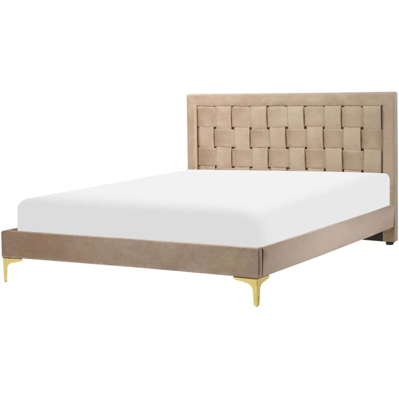Beliani - Modern Velvet Fabric Eu Double Bed Frame 4ft6 Upholstered Taupe Limoux