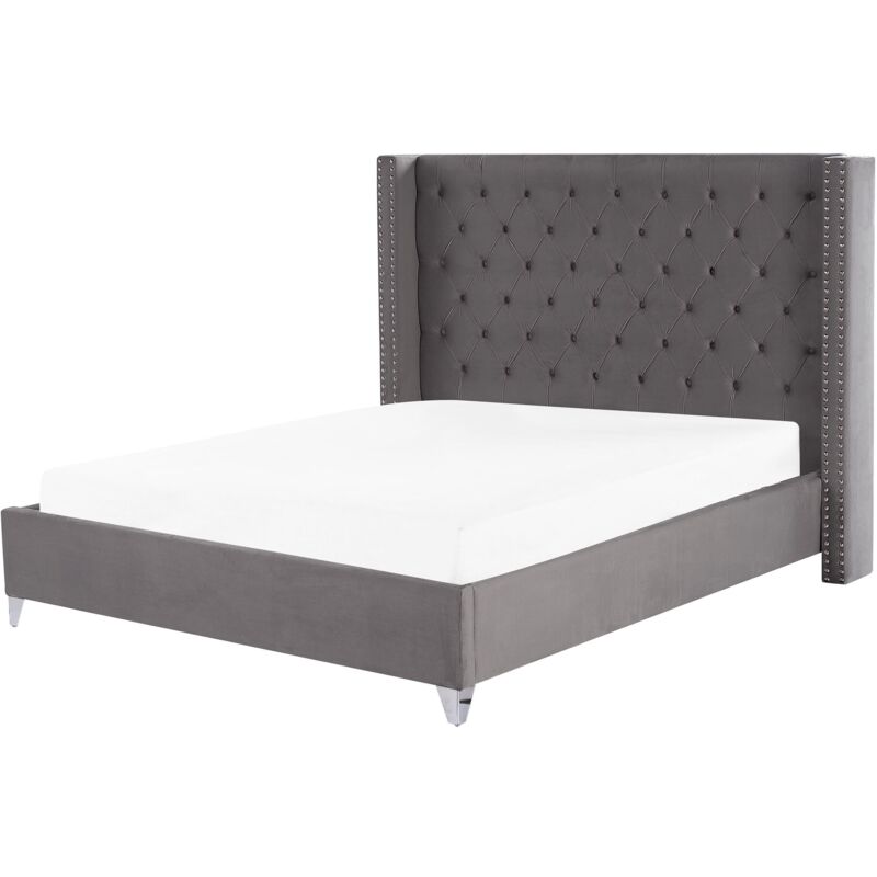 Beliani Bed Velvet Lubbon 180 X 200 Cm (eu Super King) Grey