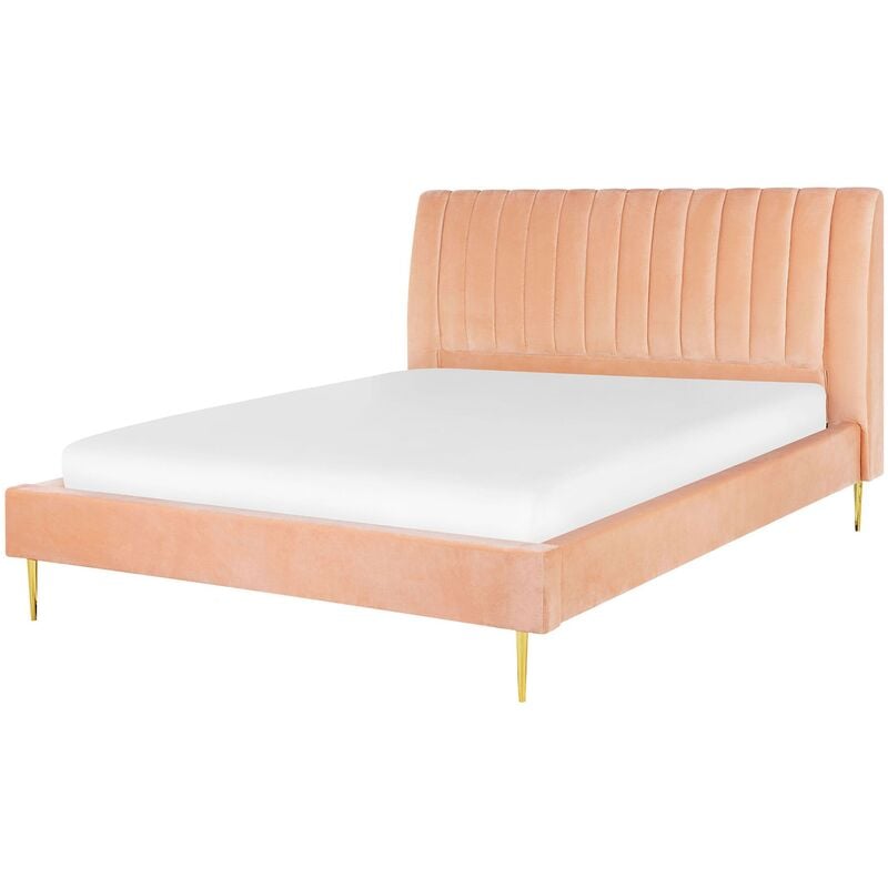 Beliani - Modern Velvet eu King Size Bed Frame 5ft3 Peach Pink Slatted Base Marville