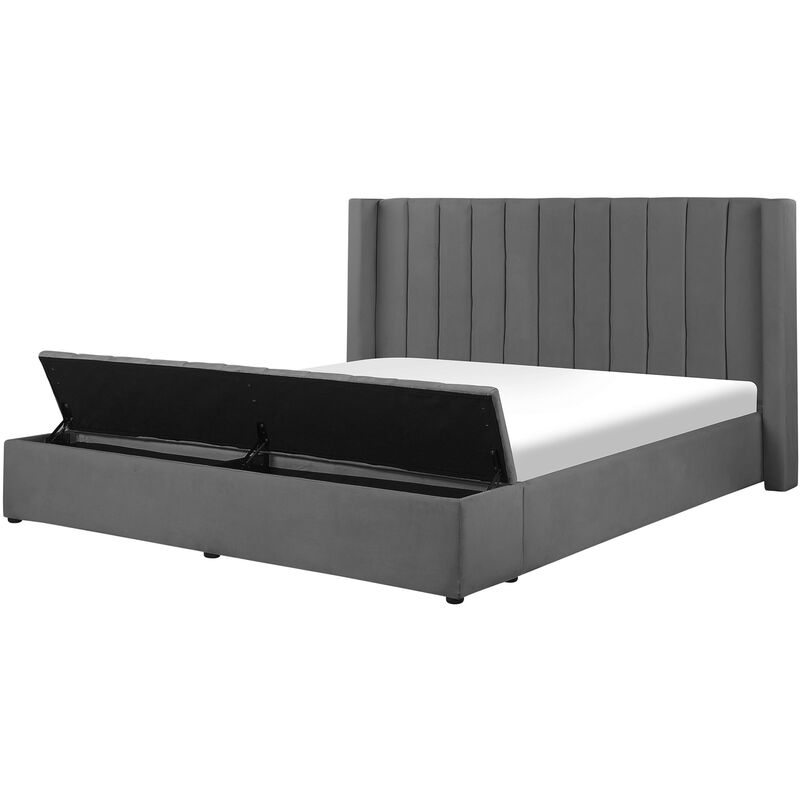 Beliani - Velvet Eu King Size Bed Frame Tufted 5Ft3 Storage Bench Grey Noyers - Grey