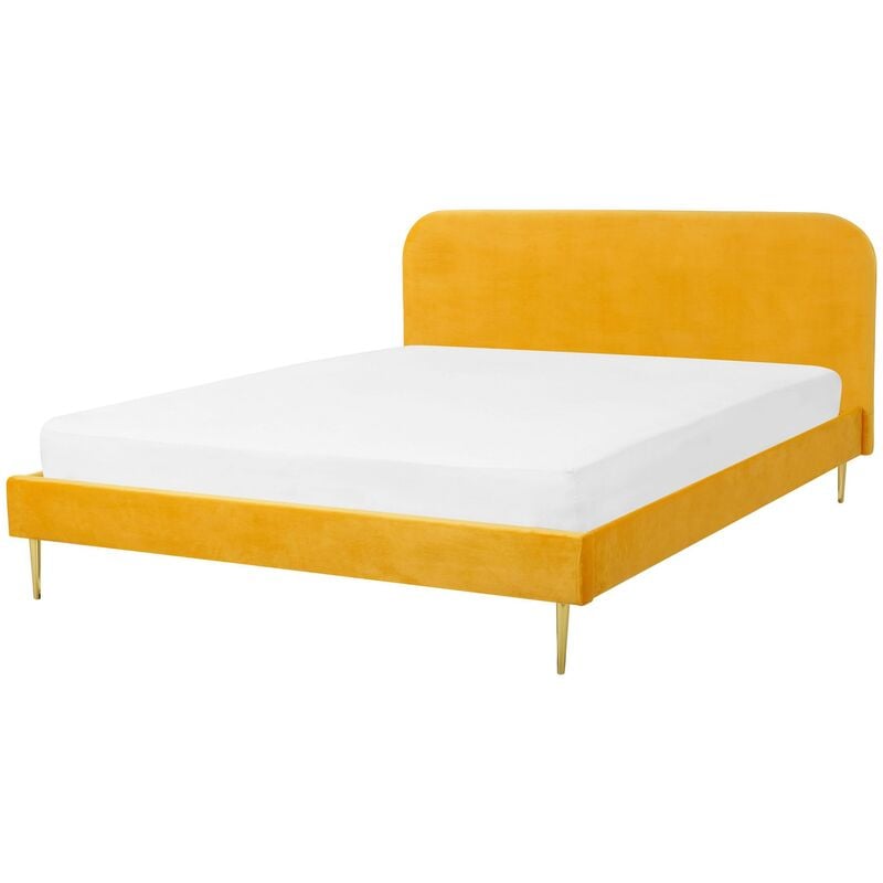 Minimalist Velvet Upholstered eu King Size Bed 5.3ft Headboard Yellow Flayat