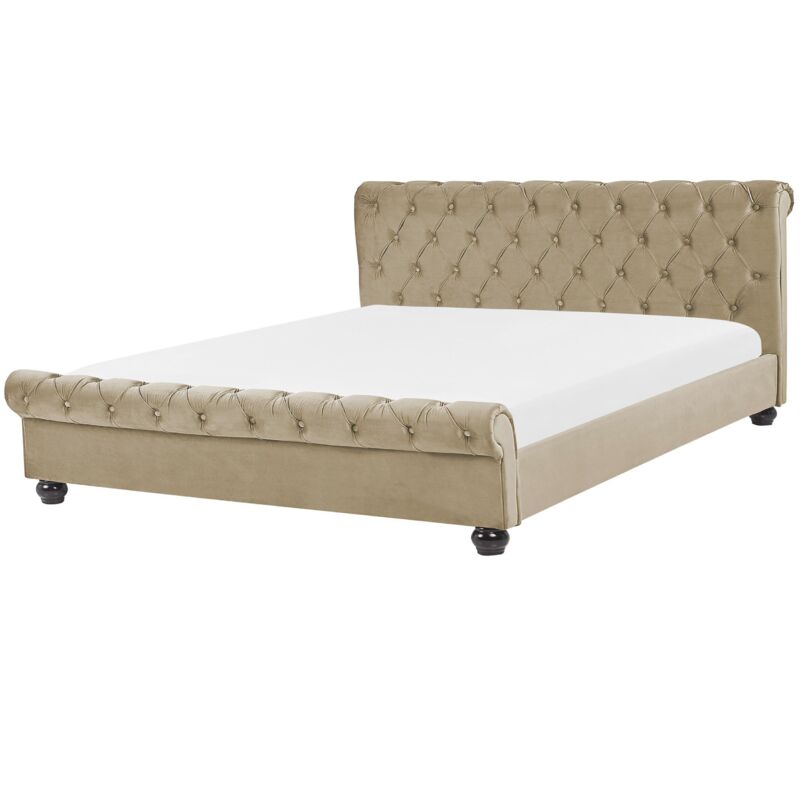 Beliani Bed Frame Beige Velvet Upholstery Black Wooden Legs Eu Super King Size 6ft Buttoned Glam Avallon