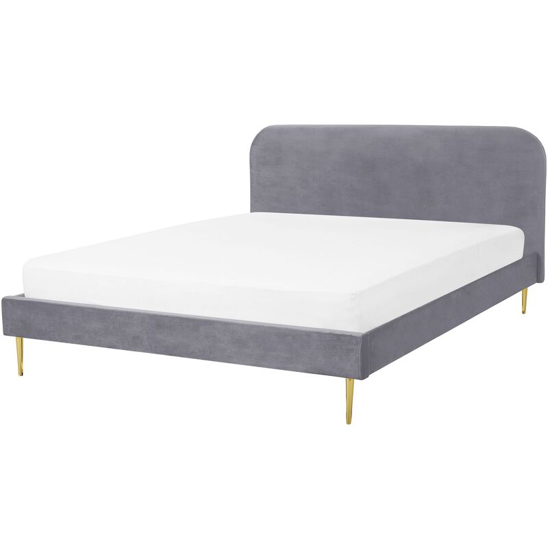 Beliani - Minimalist Velvet Upholstered eu Double Size Bed 4.6ft Headboard Grey Flayat