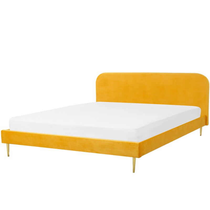 Minimalist Velvet Upholstered EU Super King Size Bed 6ft Headboard Yellow Flayat