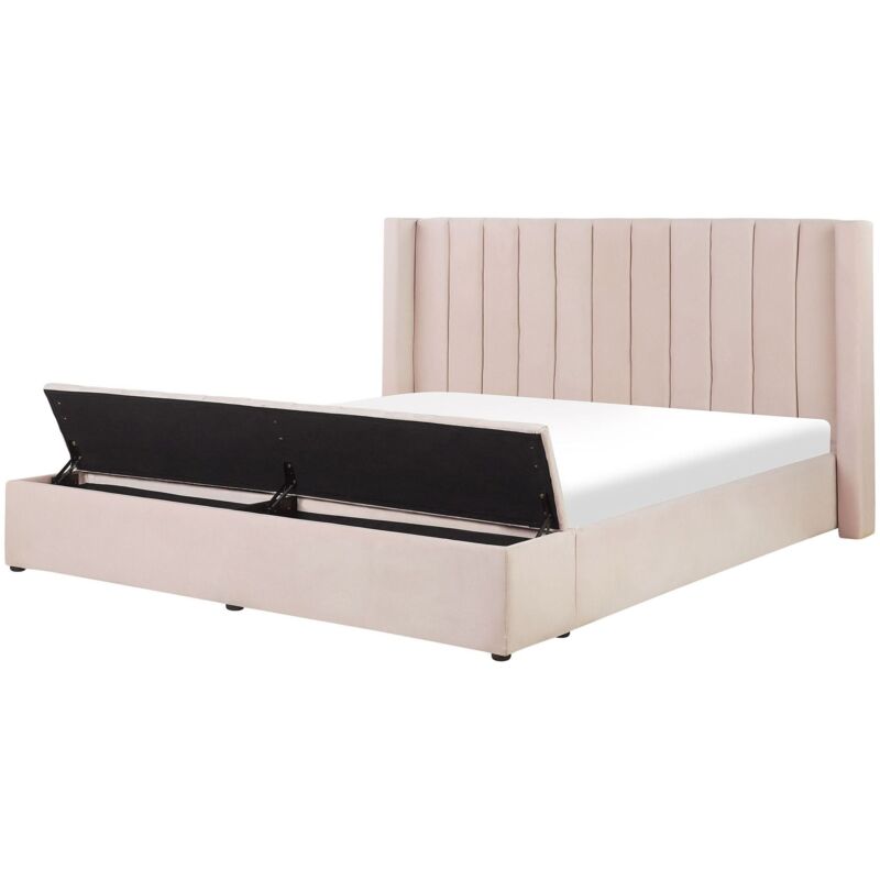 Beliani Eu Super King Size Waterbed Pastel Pink Velvet 6ft With Mattress High Headrest With Storage Bench Noyers
