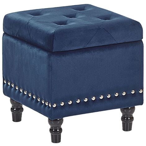 Velvet Footstool Button Tufted Seat Nailhead Trim Storage Blue Loretto
