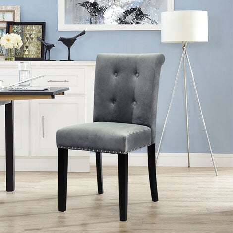 LIVINGANDHOME Velvet High Back Studded Dining Chair, Light Grey