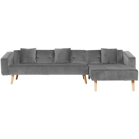 Velvet Left Hand Corner Sofa Bed Grey Buttoned Sleeper Vadso - Grey