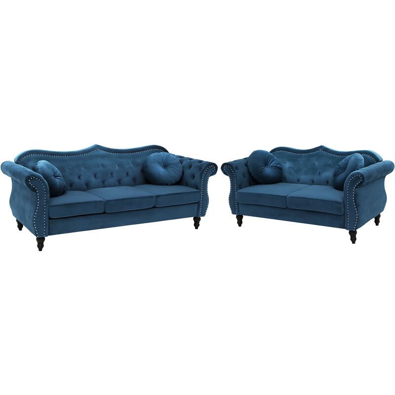 Retro Living Room Velvet Sofa Set 3 and 2 Seater Button Tufted Blue skien