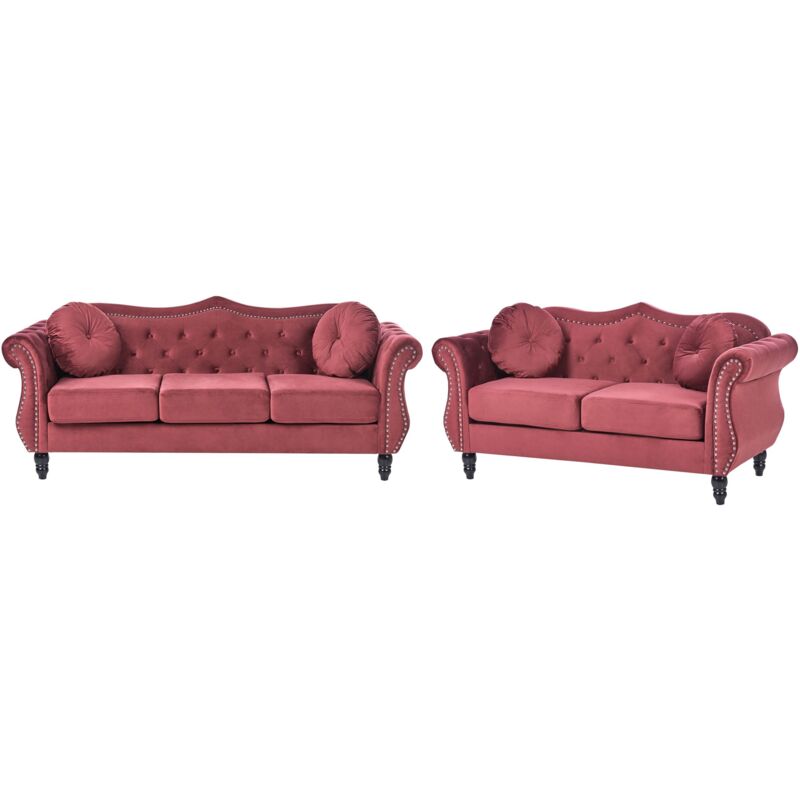 Beliani Retro Living Room Velvet Sofa Set 3 And 2 Seater Button Tufted Red Skien