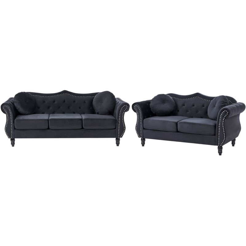 Retro Living Room Velvet Sofa Set 3 and 2 Seater Button Tufted Black SKIEN