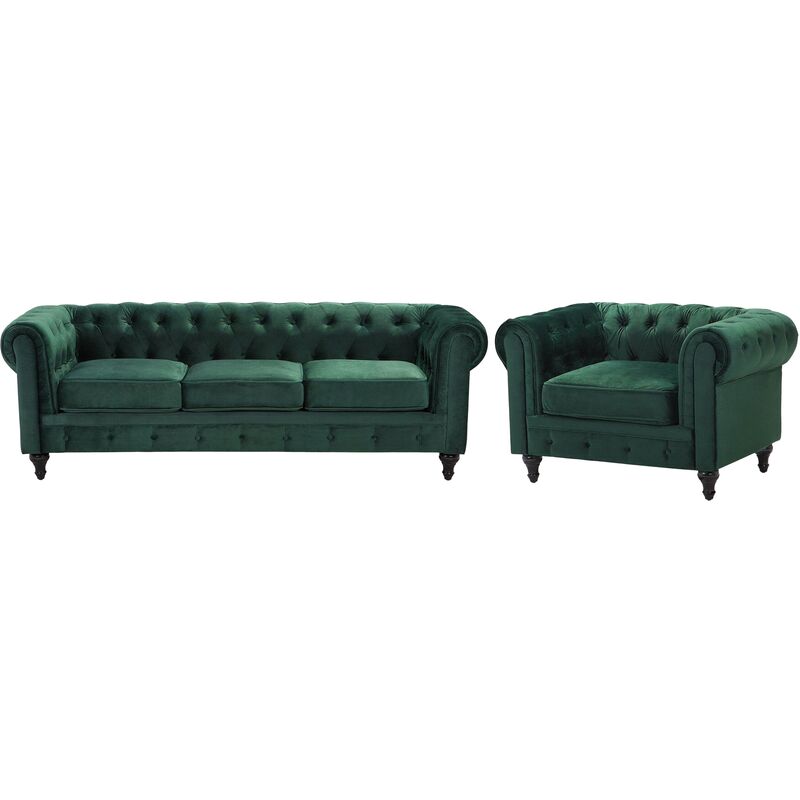 Classic Chesterfield 3 Seater + Armchair Sofa Set Velvet Green Chesterfield