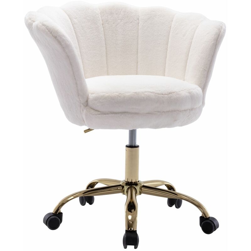 Modern Office Chair in Faux Fur Swivel Desk Chair with Petal Backrest Height Adjustable Task Chair for Home Office, White, Wahson