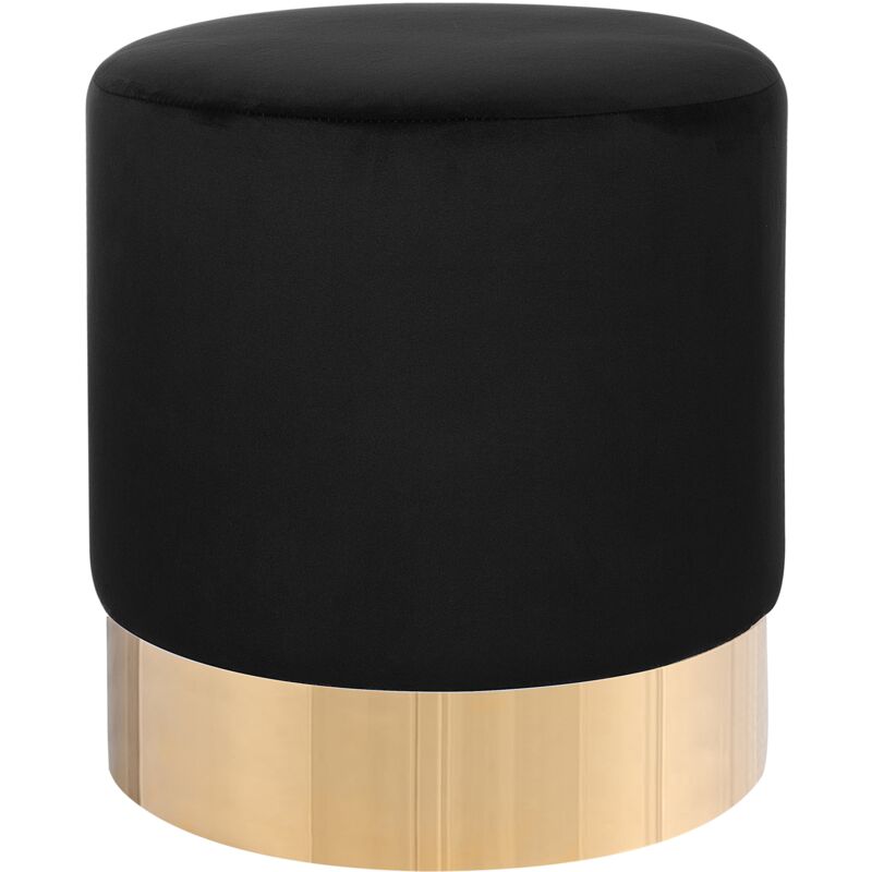 Modern Velvet Accent Pouffe Black Fabric Round Gold Base Footstool Sophia