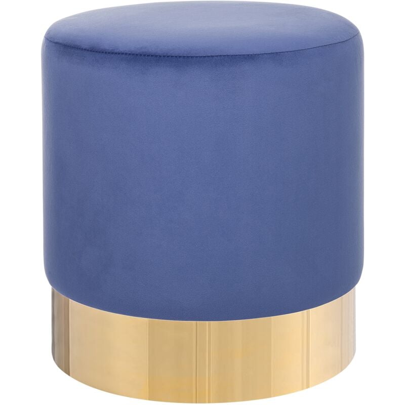 Modern Velvet Accent Pouffe Navy Blue Fabric Round Gold Base Footstool Sophia