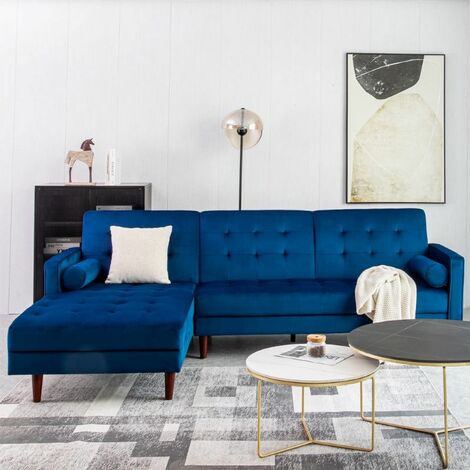 Velvet Right Hand L-Shaped Corner Chaise End Sofa Set in Blue