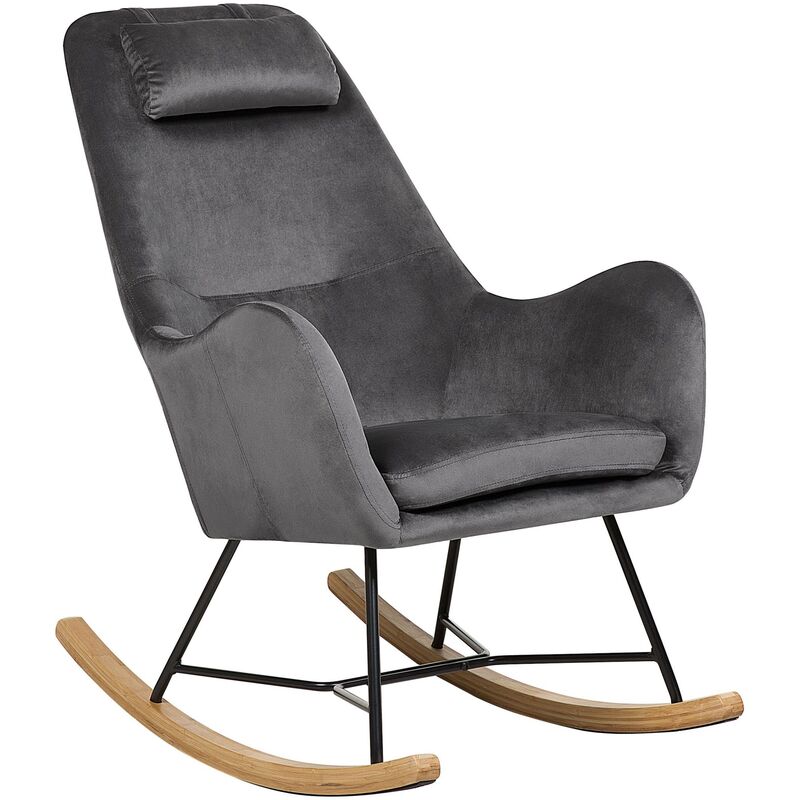 Modern Transitional Velvet Fabric Rocking Chair Wooden Skates Dark Grey Arrie