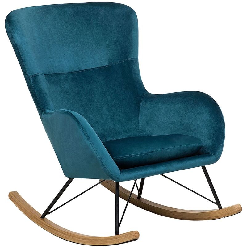 Glam Traditional Rocking Chair Velvet Fabric Wooden Rockers Sea Blue Ellan