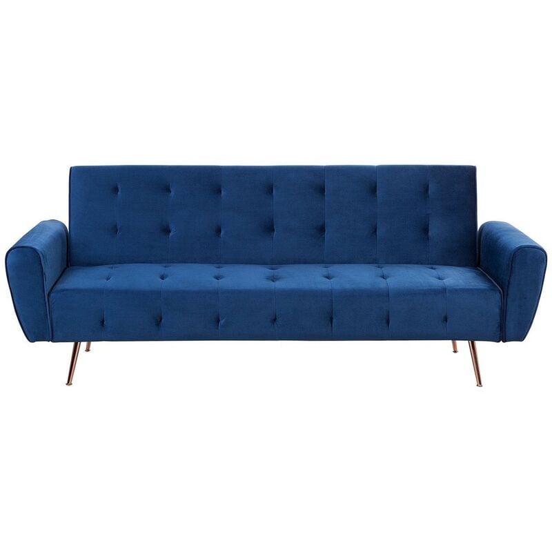 Modern Velvet Sofa Bed Blue Convertible Sleeper Tufted Metal Copper Legs Selnes