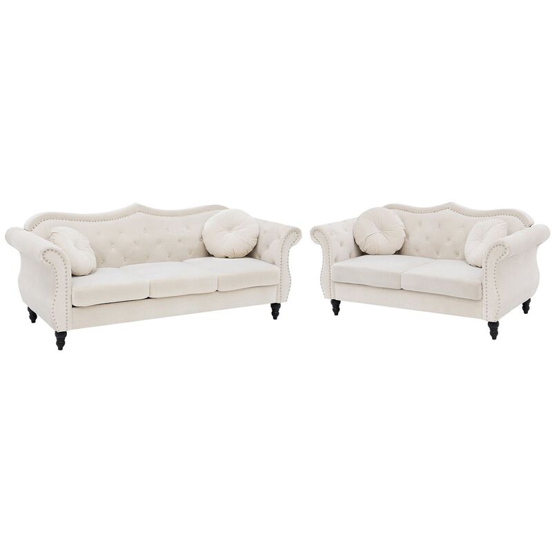 Retro Living Room Velvet Sofa Set 3 and 2 Seater Button Tufted Beige SKIEN