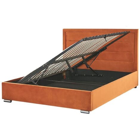 Velvet Storage Bed Ottoman Lift EU King Size 5ft3 Upholstered Orange Rouen