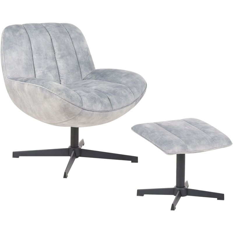 Beliani - Velvet Swivel Armchair with Footstool Single Base Mid-century Style Grey Lia