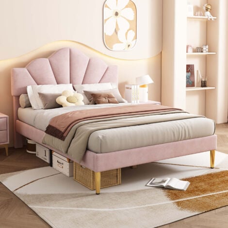 ABRIHOME Velvet Upholstered Bed, Shell-like Bed, Height-Adjustable Headboard, Wooden Slatted Frame, King Size Bed(150x200cm), Pink