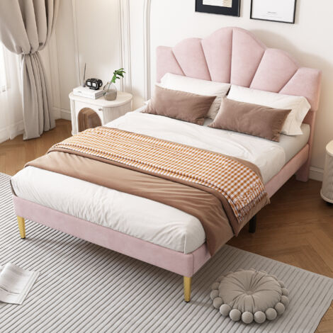 Velvet Upholstered bed, Shell-like Bed with Golden Iron Legs, Height-adjustable Headboard, Wooden Slatted Frame, Pink, Double Bed-4ft6(135x190cm)