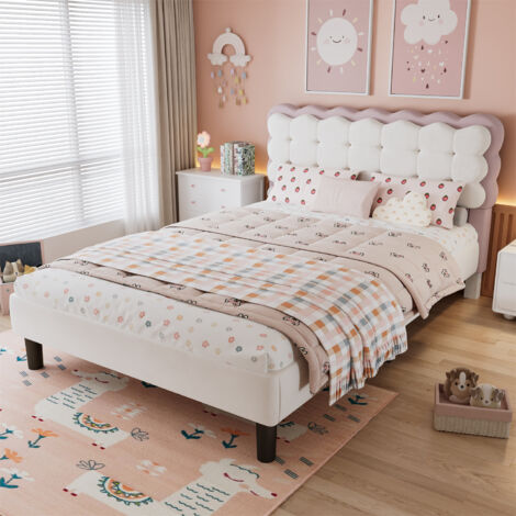 Velvet Upholstered Bed Soft Biscuit Shaped Headboard  Sturdy Wooden Slats  Beige & Pink Colour  Easy Assembly  4ft6 Bed Frame (135x190cm)