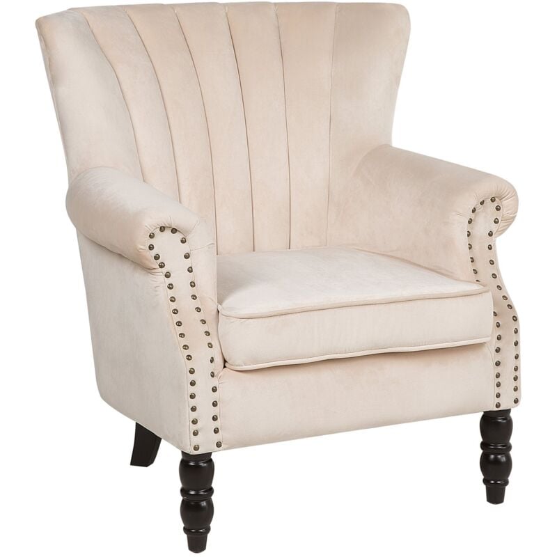 Modern Velvet Wingback Chair Beige Scroll Roll Arms Solid Wood Legs Svedala