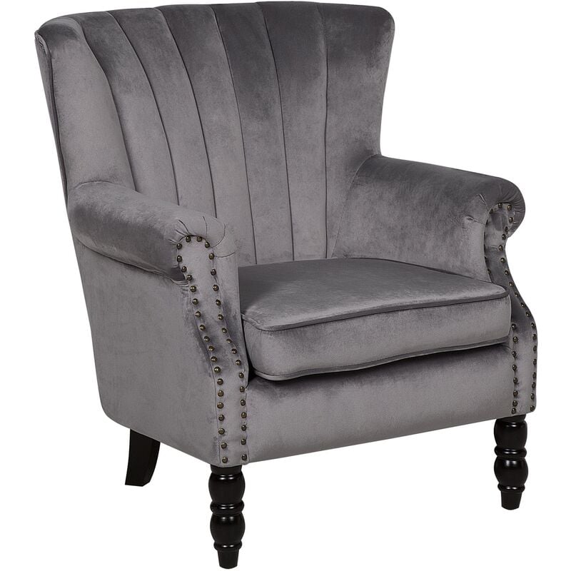 Modern Velvet Wingback Chair Grey Scroll Roll Arms Solid Wood Legs Svedala