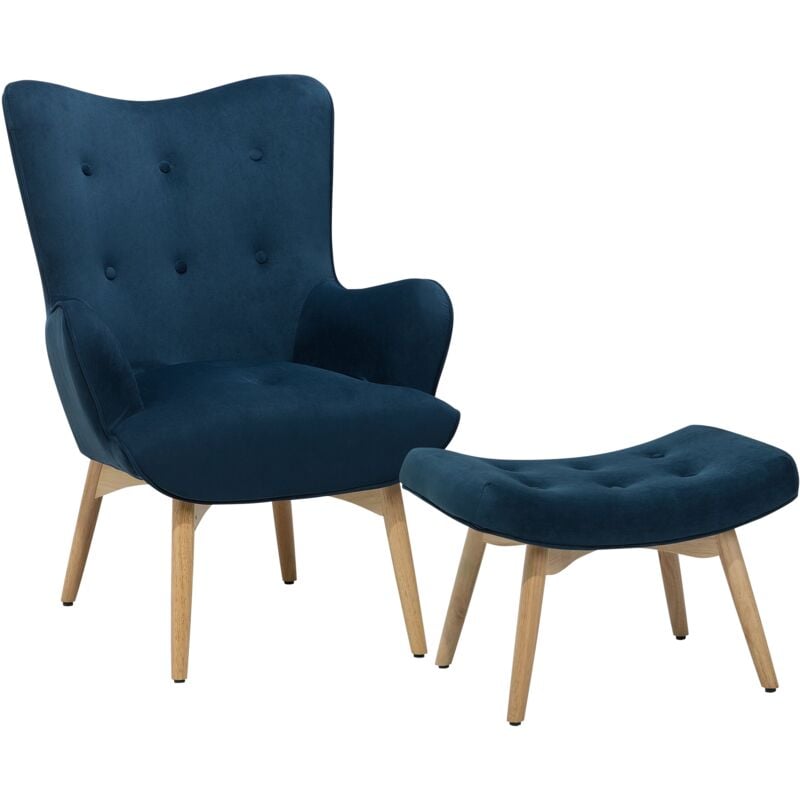 Mid-Century Modern Velvet Fabric Wingback Chair with Ottoman Set Blue Vejle