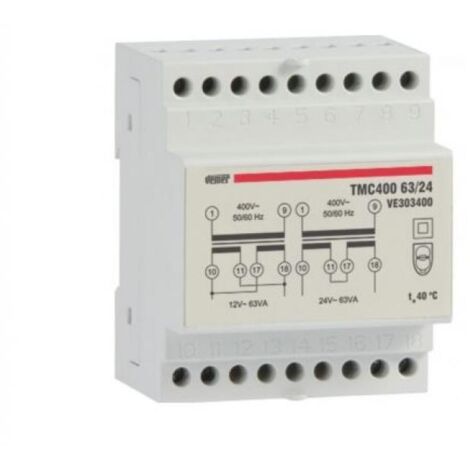VEMER VE303400 TMC 400 63/24 - Trasformatore 24V per Servizio Continuo, Installazione su Barra DIN, Potenza 63V, Tensione Primario 400V, Bianco