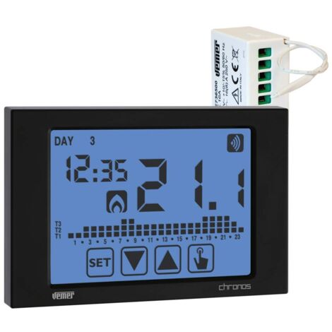 VEMER VE487500 SET CHRONOS RF - Set composto da 1 Cronotermostato Touch Screen da Parete a Batterie + 1 Attuatore Remoto RF, Nero