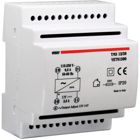 VEMER VE791500 TMS 12/30 - Alimentatore 12V Switching Stabilizzato, Trasformatore con Installazione su Barra DIN, Tensione in uscita 12 Vdc, Potenza 30 W, Bianco
