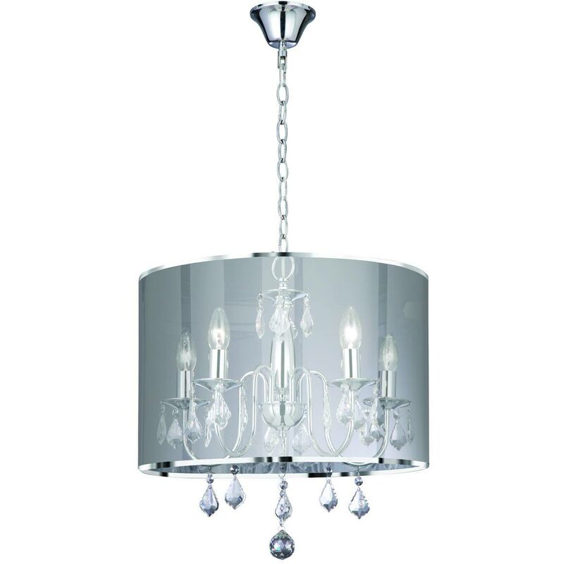 Venetian - 5 Light Multi Arm Ceiling Pendant Chrome, Crystals with Shade, E14 - Searchlight