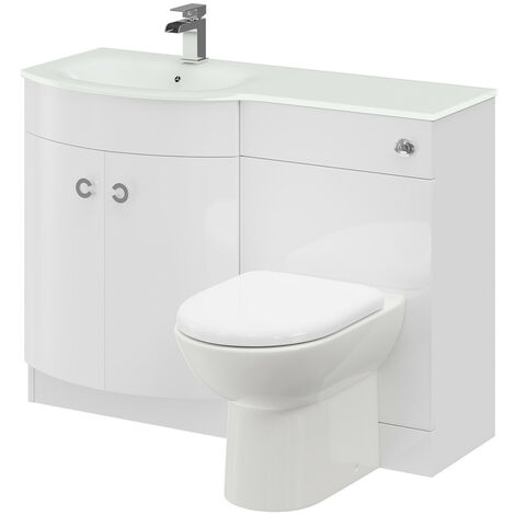main image of "Venice Curved White Glass 1100mm Left Hand Gloss White Vanity Unit Toilet Suite"
