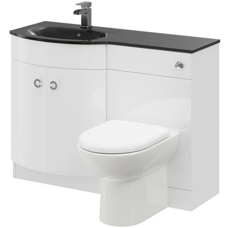 Venice Left Hand Curved Black Glass 1100mm White Vanity Unit Toilet Suite