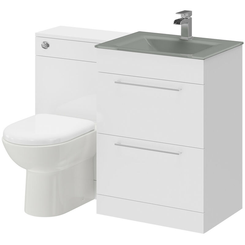 Venice Mono Grey Glass 1100mm 2 Drawer Gloss White Vanity Unit Toilet Suite