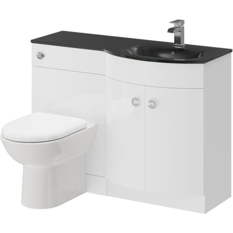 Venice Right Hand Curved Black Glass 1100mm White Vanity Unit Toilet Suite