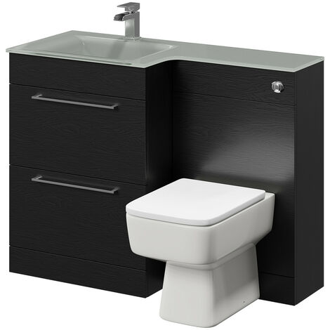 Venice Square Left Hand Grey Glass 1100mm 2 Drawer Black Oak Vanity Unit Toilet Suite