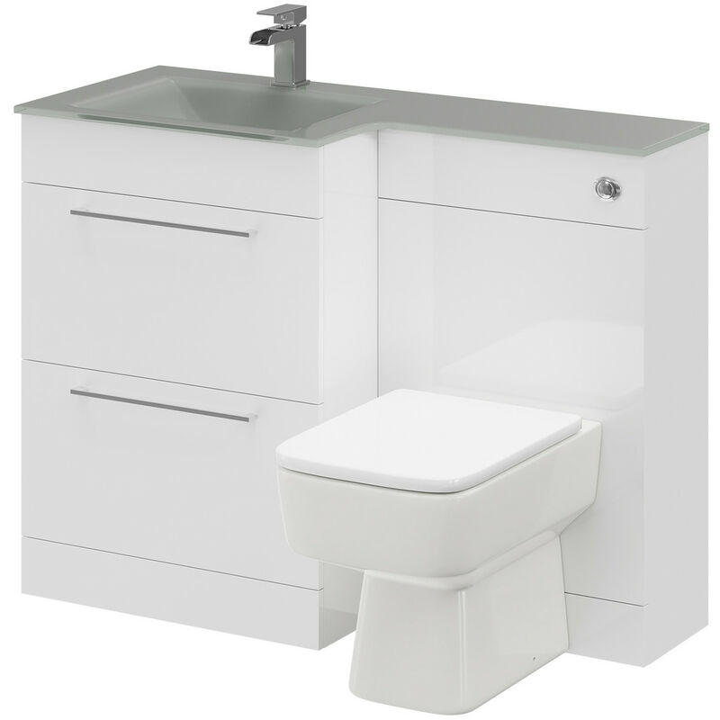 Venice Square Grey Glass 1100mm Left Hand 2 Drawer Gloss White Vanity Unit Toilet Suite