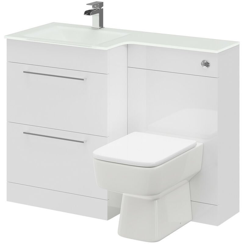Venice Square White Glass 1100mm Left Hand 2 Drawer Gloss White Vanity Unit Toilet Suite