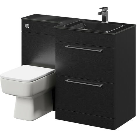 Venice Square Right Hand Anthracite Glass 1100mm 2 Drawer Black Oak Vanity Unit Toilet Suite