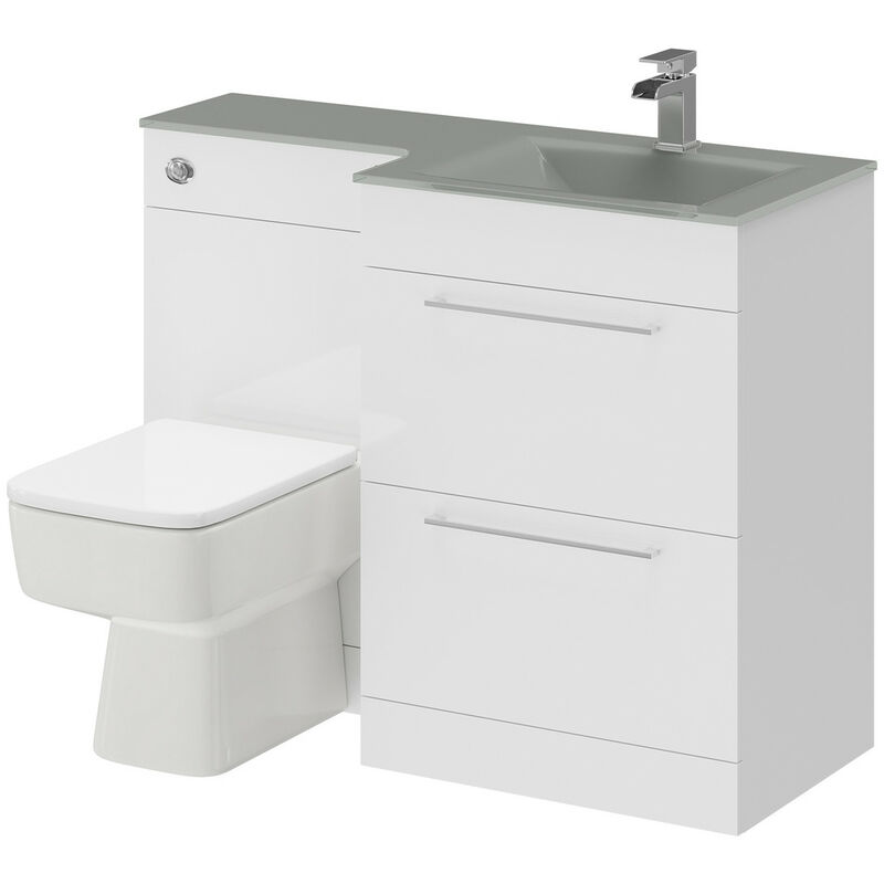 Venice Square Grey Glass 1100mm Right Hand 2 Drawer Gloss White Vanity Unit Toilet Suite